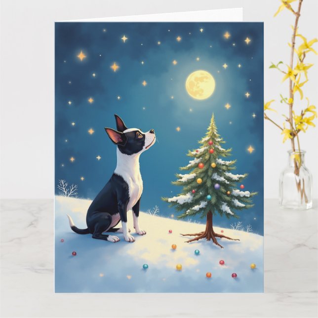 Boston Terrier Midnight Star-Gazing Christmas Karte (Gelbe Blume)