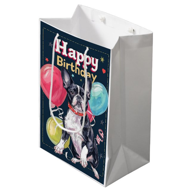 Boston Terrier mit Balloons Mittlere Geschenktüte (Vorderseite Schrägansicht)