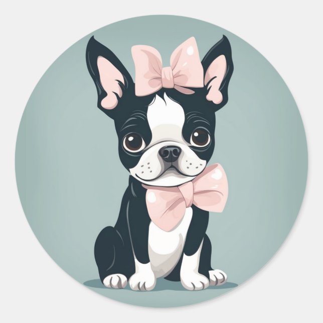 Boston Terrier mit Bow-Sticker Runder Aufkleber (Vorderseite)