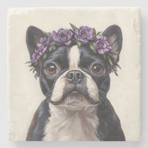 Boston Terrier mit einer violetten Blumenkrone Steinuntersetzer
