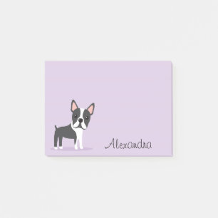 Boston-Terrier mit personalisiertem Namenslila Post-it Klebezettel