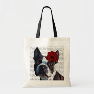 Boston-Terrier mit Rose auf Kopf Tragetasche