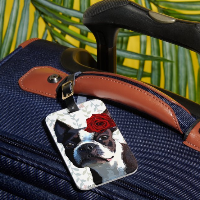 Boston Terrier mit Rose auf Nummer 2 Gepäckanhänger (Vorderseite Insitu 1)