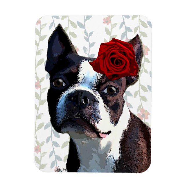 Boston Terrier mit Rose auf Nummer 2 Magnet (Vertikal)