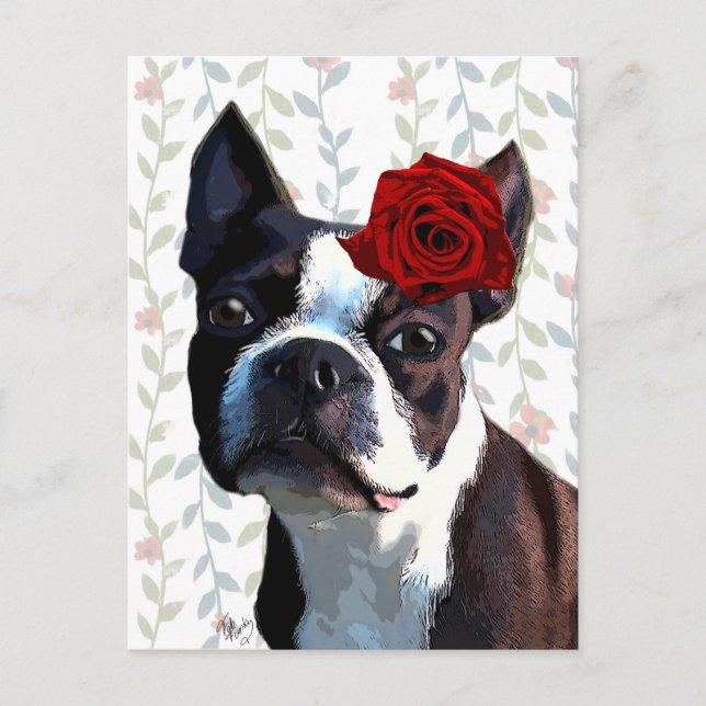 Boston Terrier mit Rose auf Nummer 2 Postkarte (Vorderseite)