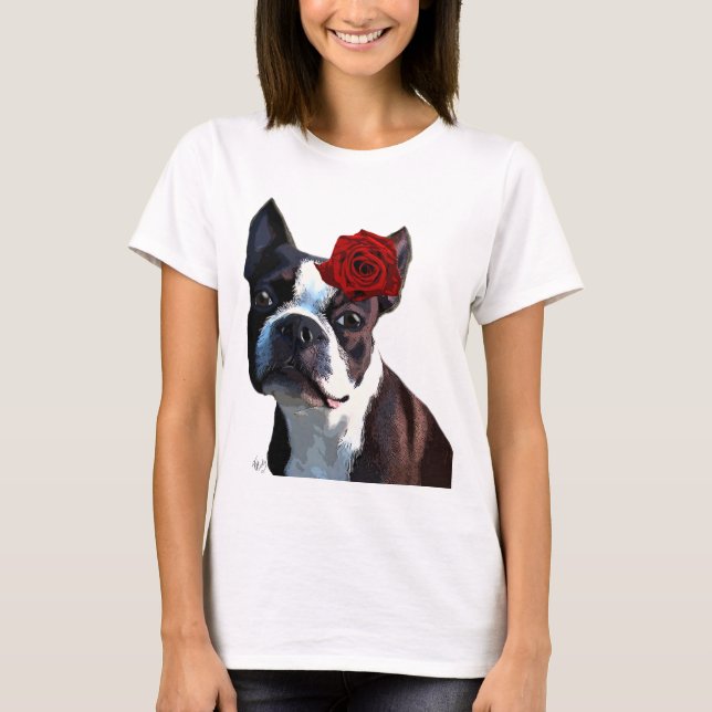 Boston Terrier mit Rose auf Nummer 2 T-Shirt (Vorderseite)