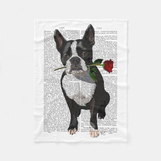 Boston Terrier mit Rose im Mund Fleecedecke (Vorderseite)
