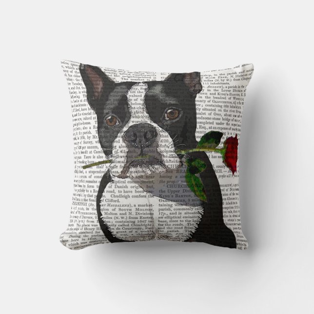 Boston Terrier mit Rose im Mund Kissen (Vorderseite)