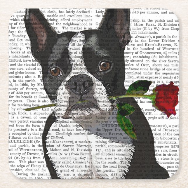 Boston Terrier mit Rose im Mund Rechteckiger Pappuntersetzer (Vorderseite)