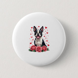 Boston Terrier mit roten Rosen Herzen Valentinstag Button