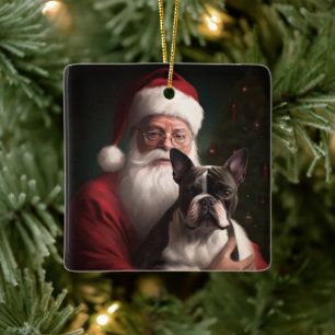 Boston Terrier mit Santa Claus Festives Weihnachte Keramikornament