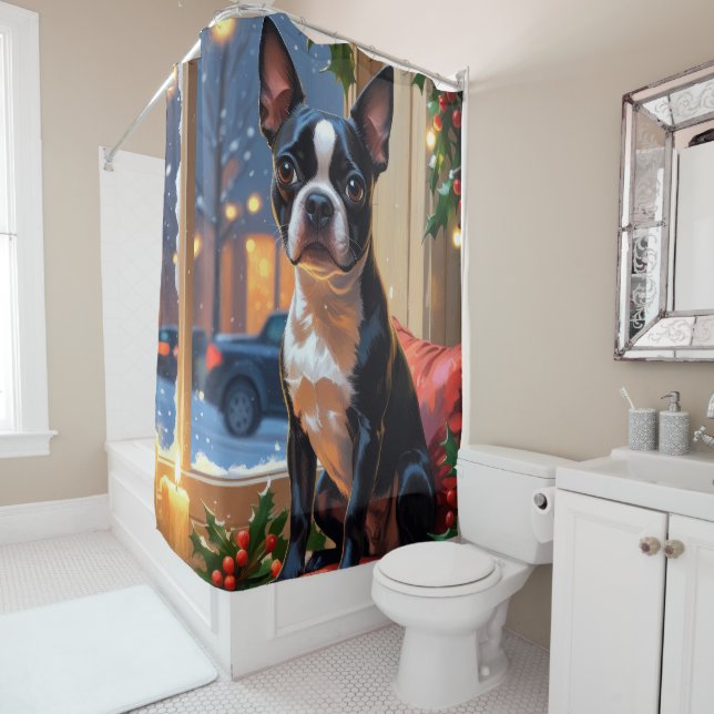 Boston Terrier mit Weihnachtsbeleuchtung Urlaub Duschvorhang (Beispiel)