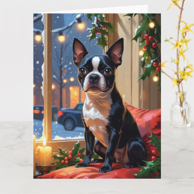 Boston Terrier mit Weihnachtsbeleuchtung Urlaub Karte (Gelbe Blume)