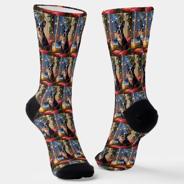 Boston Terrier mit Weihnachtsbeleuchtung Urlaub Socken (Gewinkelt)