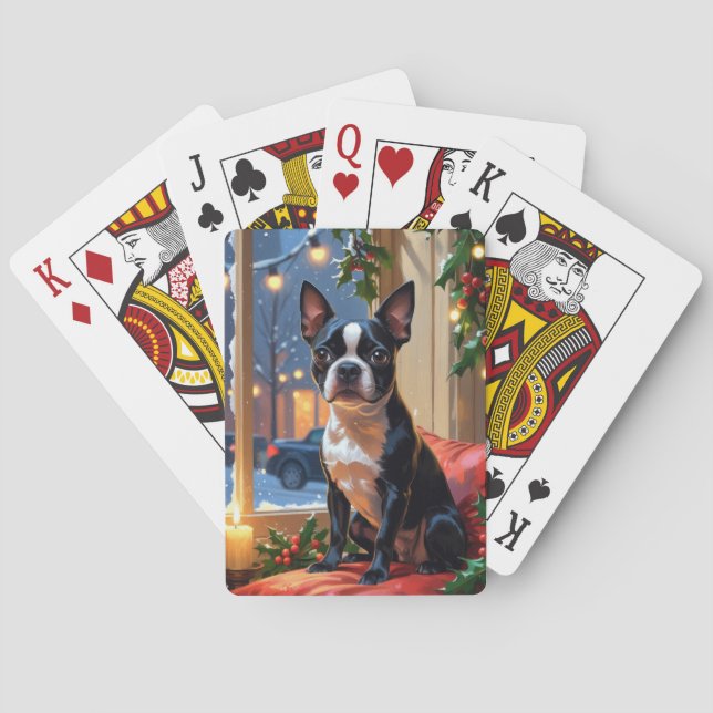 Boston Terrier mit Weihnachtsbeleuchtung Urlaub Spielkarten (Rückseite)