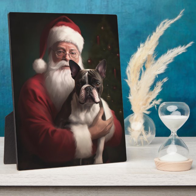 Boston Terrier mit Weihnachtsmann Weihnachten Fotoplatte (Seite)