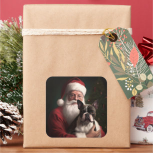 Boston Terrier mit Weihnachtsmann Weihnachten Quadratischer Aufkleber