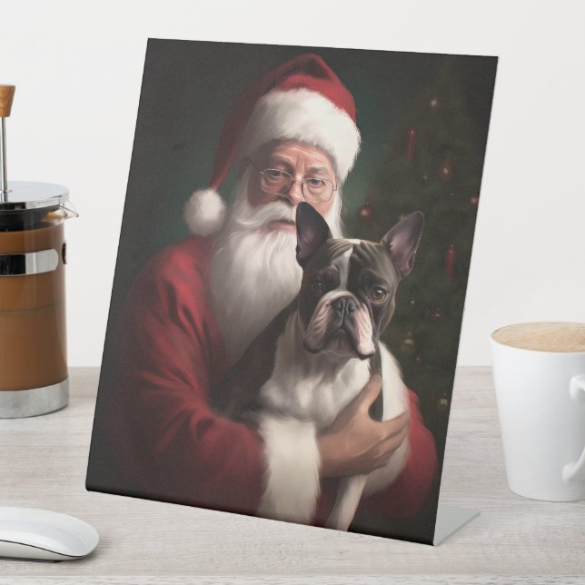 Boston Terrier mit Weihnachtsmann Weihnachten Sockelschild (In Situ)