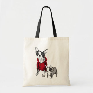 Boston Terrier mit Welpen im Tragetasche