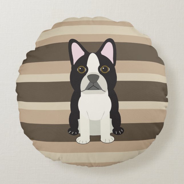 Boston Terrier Neutral striped  Rundes Kissen (Vorderseite)