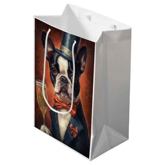Boston Terrier New Year Mittlere Geschenktüte (Vorderseite Schrägansicht)