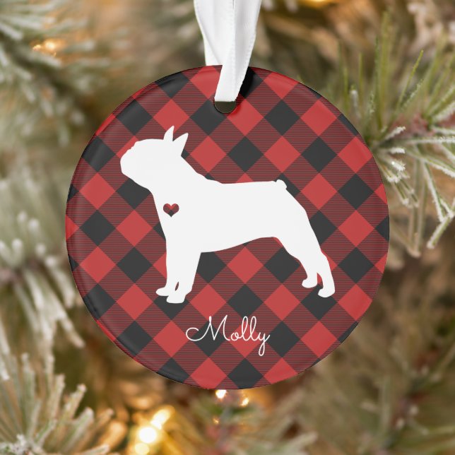 Boston Terrier Noël Plaid Chien Nom de la photo (Arbre)