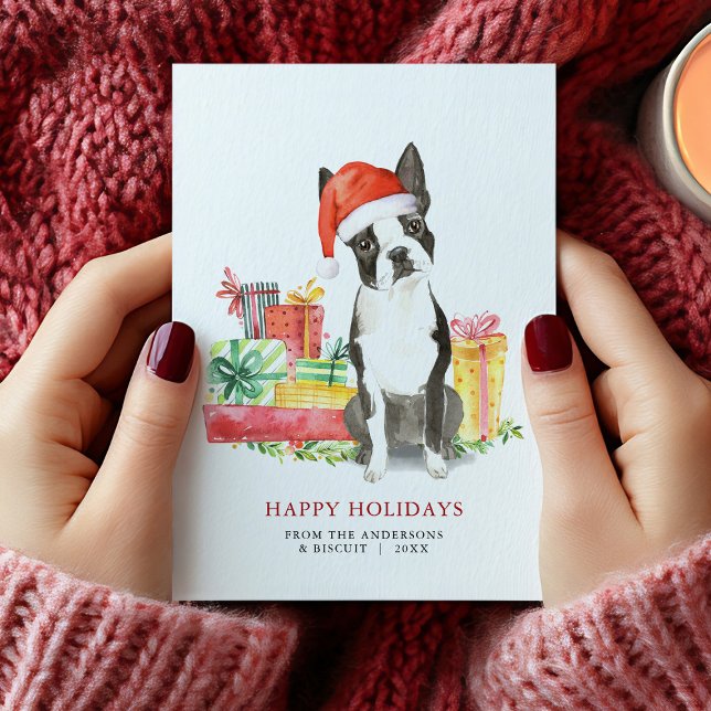 Boston Terrier Noël présente une carte de vacances (Boston Terrier Christmas Card)