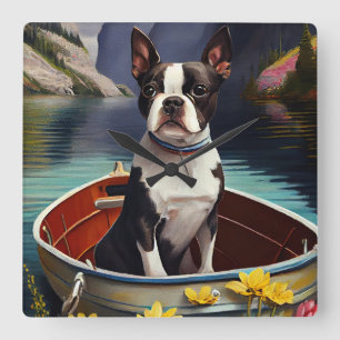 Boston Terrier on a Paddle: Ein Landschaftliches A Quadratische Wanduhr