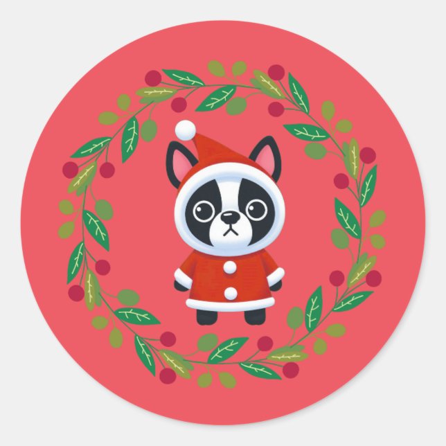 Boston Terrier Père Noël dans un autocollant de jo (Devant)
