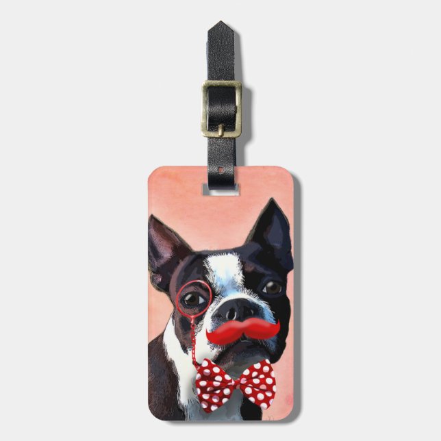 Boston Terrier Portrait mit Red Bow Krawatte und 3 Gepäckanhänger (Vorderseite vertikal)
