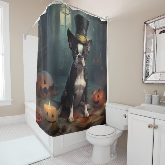 Boston Terrier Pumpkins Halloween Beängstigend Duschvorhang (Beispiel)