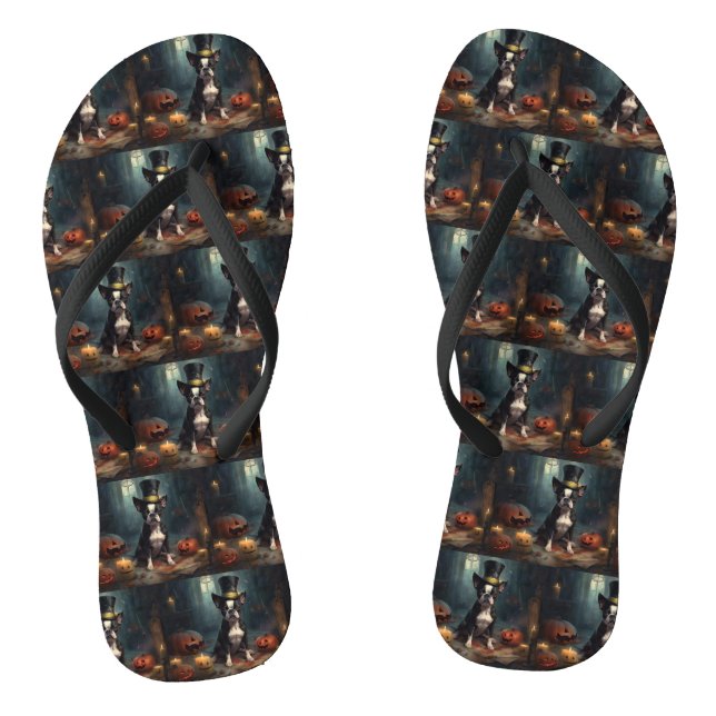 Boston Terrier Pumpkins Halloween Beängstigend Flip Flops (Fußbett)