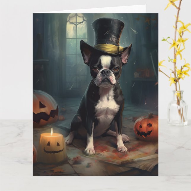 Boston Terrier Pumpkins Halloween Beängstigend Karte (Gelbe Blume)