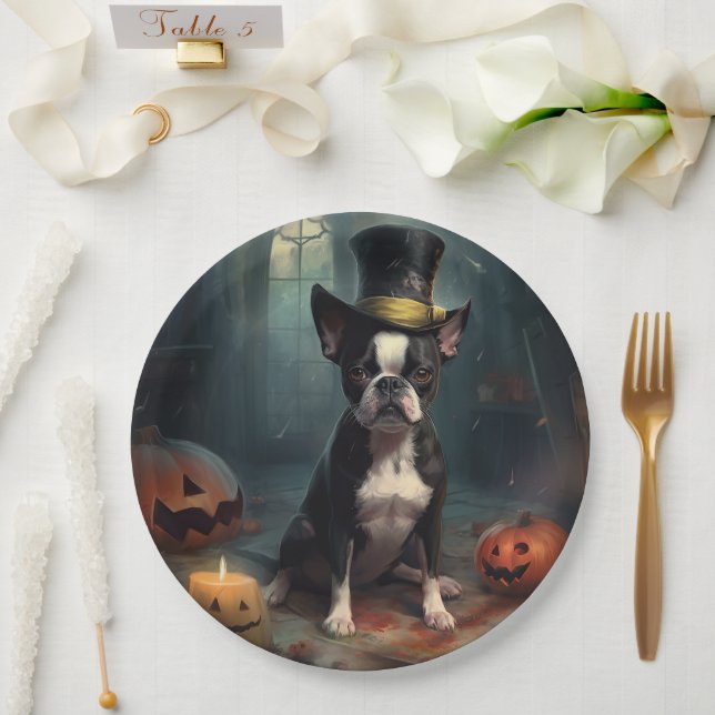 Boston Terrier Pumpkins Halloween Beängstigend Pappteller (Hochzeit)