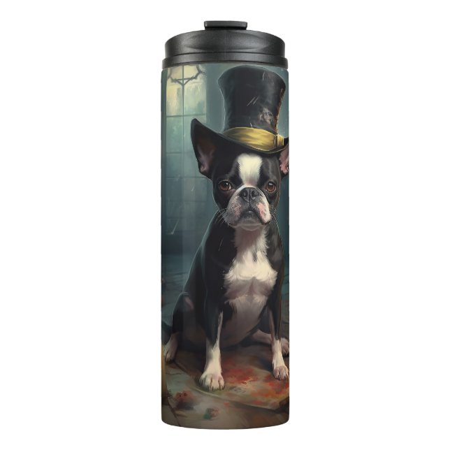 Boston Terrier Pumpkins Halloween Beängstigend Thermosbecher (Vorderseite)