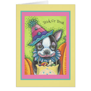 BOSTON TERRIER PUP, HALLOWEEN CLOWN CHIEN CARD VER