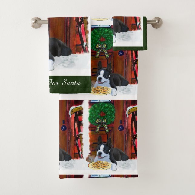 Boston Terrier Puppy Christmas Badhandtuch Set (Insitu)