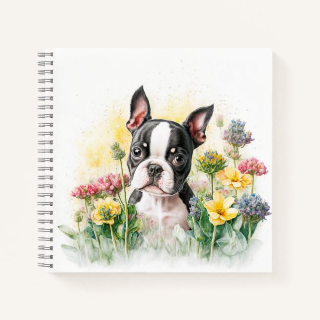 Boston Terrier Puppy umgeben von Wildblumen Notizbuch (Vorderseite)