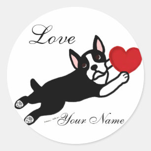 Boston Terrier & Red Heart Cartoon Runder Aufkleber