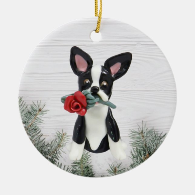 Boston Terrier Rote Rose Weihnachtsschmuck (Vorne)