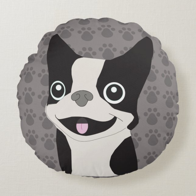 Boston Terrier Rundes Kissen (Vorderseite)