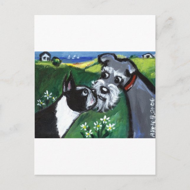 Boston Terrier & Schnauzer Sniff Postkarte (Vorderseite)