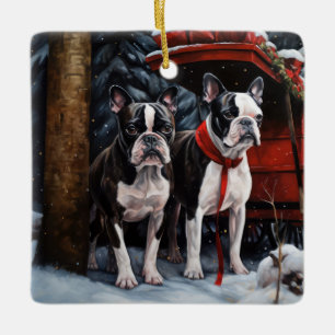 Boston Terrier Schnee-Schlitten Weihnachtsdekorati Keramikornament