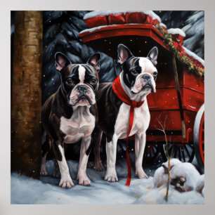 Boston Terrier Schnee-Schlitten Weihnachtsdekorati Poster