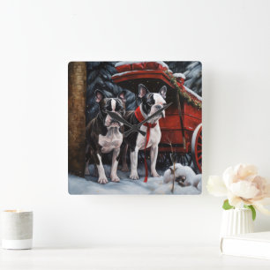 Boston Terrier Schnee-Schlitten Weihnachtsdekorati Quadratische Wanduhr