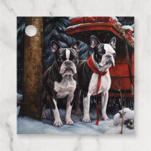 Boston Terrier Schneebedeckter Schlitten Weihnacht Geschenkanhänger