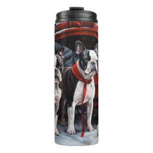 Boston Terrier Schneebedeckter Schlitten Weihnacht Thermosbecher