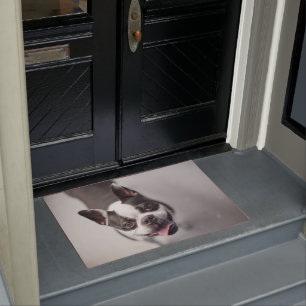 Boston Terrier sieht nach oben Fußmatte