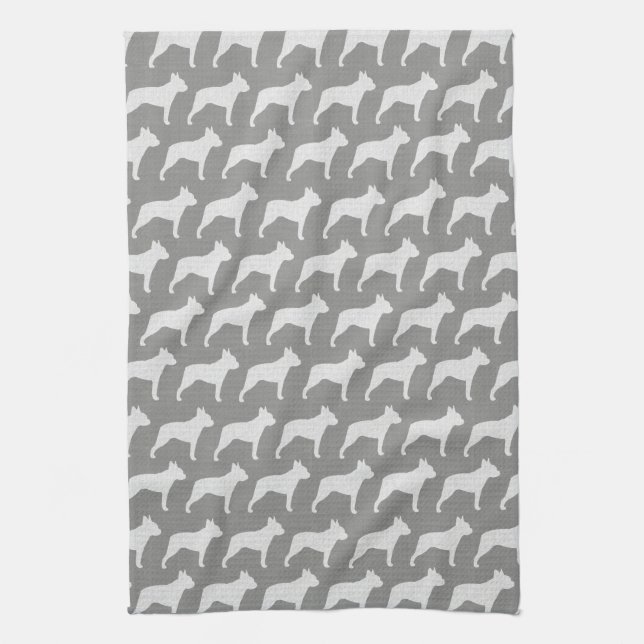 Boston-Terrier-Silhouette-Muster-Grau Geschirrtuch (Vertikal)