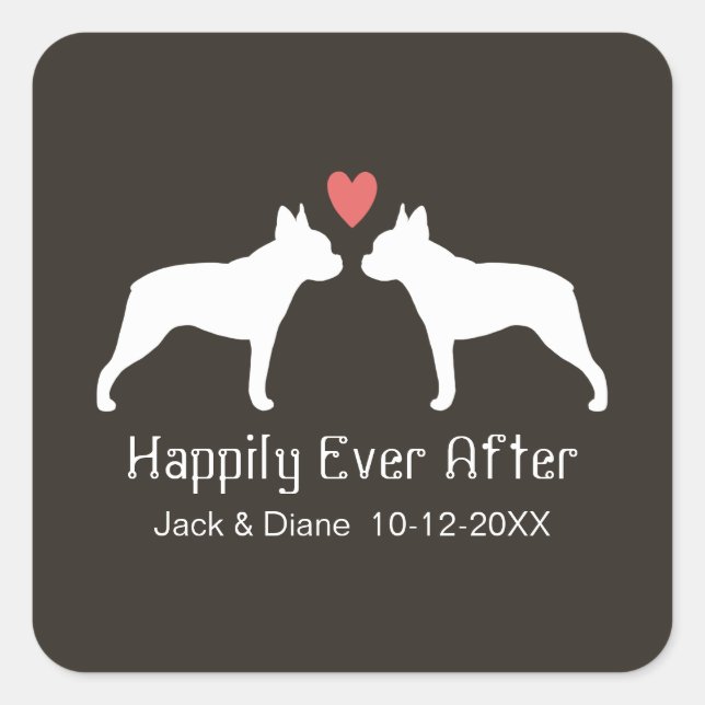 Boston Terrier Silhouetten mit Herz und Text Quadratischer Aufkleber (Vorderseite)